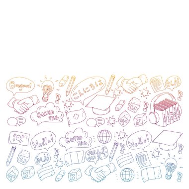 Dil sınıfı için vektör deseni, çevrimiçi kurslar. İngilizce, Arapça, İtalyanca, Japonca, İspanyolca, Çince, Almanca.