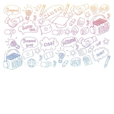 Dil sınıfı için vektör deseni, çevrimiçi kurslar. İngilizce, Arapça, İtalyanca, Japonca, İspanyolca, Çince, Almanca.