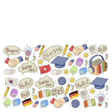 Dil sınıfı için vektör deseni, çevrimiçi kurslar. İngilizce, Arapça, İtalyanca, Japonca, İspanyolca, Çince, Almanca.