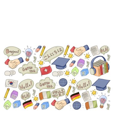 Vector pattern for language class, online courses. English, arabic, italian, japanese, spanish, chinese, german. clipart
