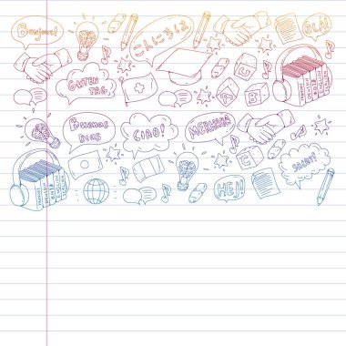 Dil sınıfı için vektör deseni, çevrimiçi kurslar. İngilizce, Arapça, İtalyanca, Japonca, İspanyolca, Çince, Almanca.