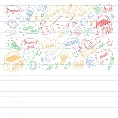 Dil sınıfı için vektör deseni, çevrimiçi kurslar. İngilizce, Arapça, İtalyanca, Japonca, İspanyolca, Çince, Almanca.