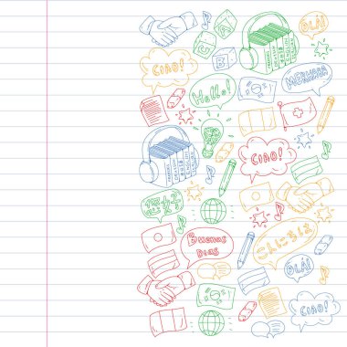 Dil sınıfı için vektör deseni, çevrimiçi kurslar. İngilizce, Arapça, İtalyanca, Japonca, İspanyolca, Çince, Almanca.