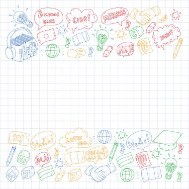 Dil sınıfı için vektör deseni, çevrimiçi kurslar. İngilizce, Arapça, İtalyanca, Japonca, İspanyolca, Çince, Almanca.