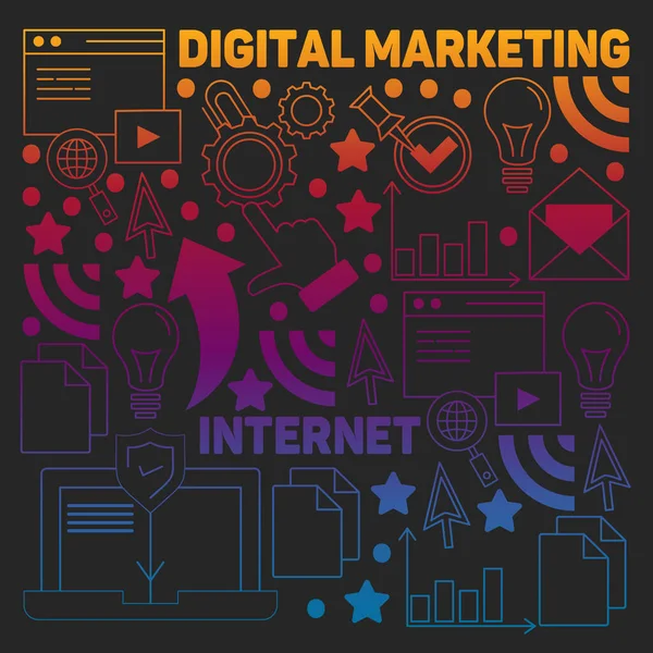 Modello di marketing digitale con icone vettoriali. Gestione, start up, business, tecnologia internet . — Vettoriale Stock