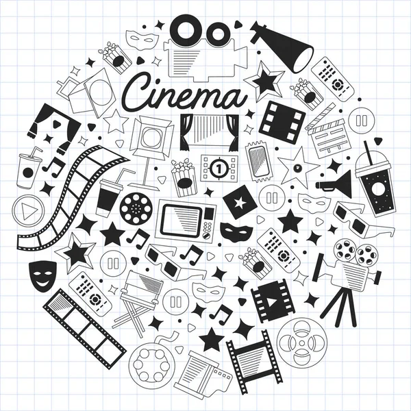 Modèle vectoriel avec icônes de cinéma. Cinéma, TV, pop-corn, clips vidéo, comédie musicale — Image vectorielle