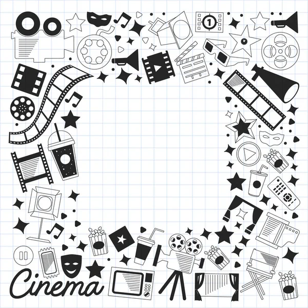 Vektorový vzor s ikonami kina. Kino, televize, popcorn, videoklipy, muzikál — Stockový vektor