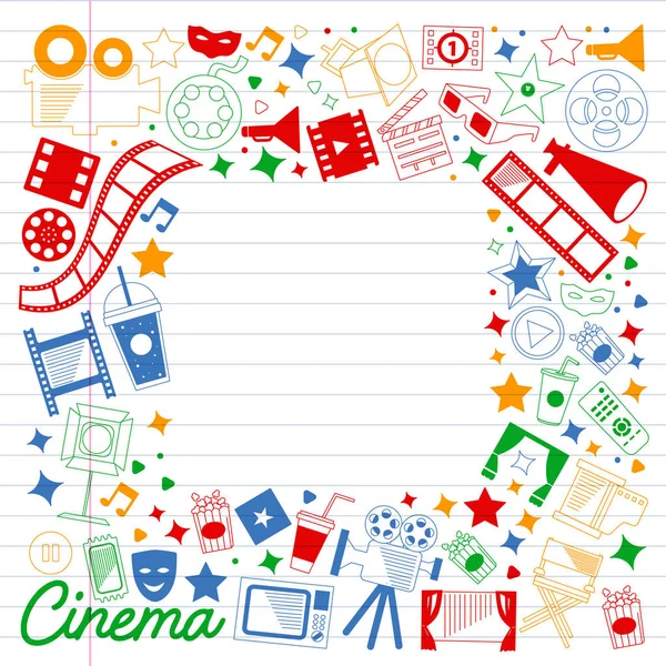 Modèle vectoriel avec icônes de cinéma. Cinéma, TV, pop-corn, clips vidéo, comédie musicale — Image vectorielle