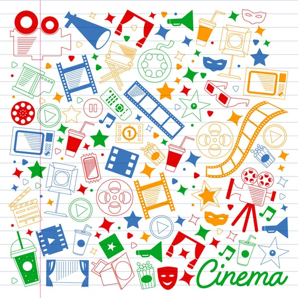 Patrón vectorial con iconos de cine. Cine, Televisión, palomitas de maíz, videoclips, musical — Archivo Imágenes Vectoriales