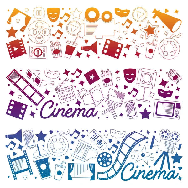 Vektormønster med biograf ikoner. Film Teater, TV, popcorn, videoklip, musical – Stock-vektor