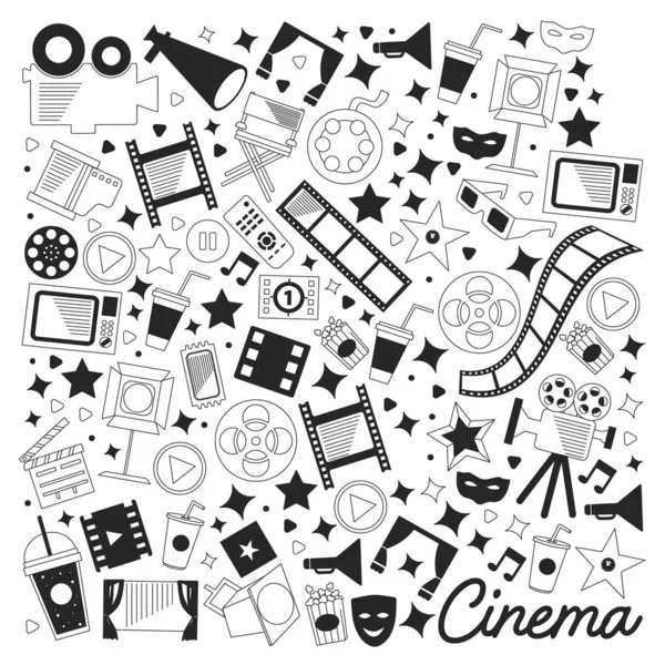 Векторный узор с иконами кино. Кинотеатр, ТВ, попкорн, видеоклипы, мюзикл — стоковый вектор