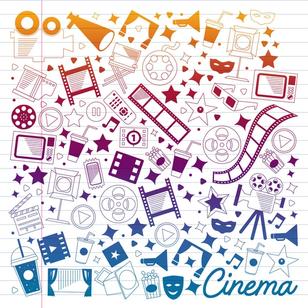 Vektormønster med biograf ikoner. Film Teater, TV, popcorn, videoklip, musical – Stock-vektor