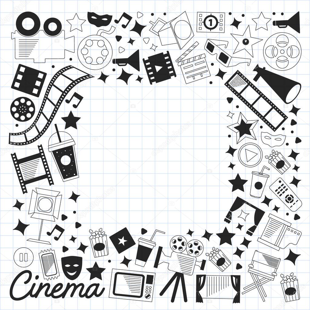 Vector pattern with cinema icons. Movie Theater, TV, popcorn, video clips, musical