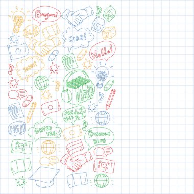 Dil sınıfı için vektör deseni, çevrimiçi kurslar. İngilizce, Arapça, İtalyanca, Japonca, İspanyolca, Çince, Almanca.