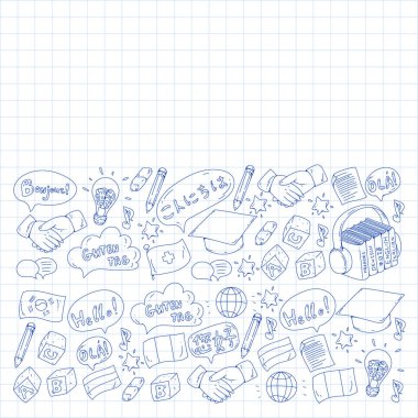 Dil sınıfı için vektör deseni, çevrimiçi kurslar. İngilizce, Arapça, İtalyanca, Japonca, İspanyolca, Çince, Almanca.