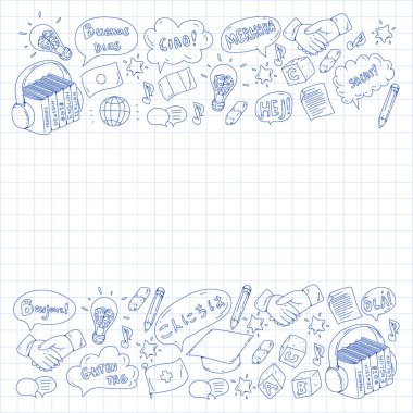 Dil sınıfı için vektör deseni, çevrimiçi kurslar. İngilizce, Arapça, İtalyanca, Japonca, İspanyolca, Çince, Almanca.