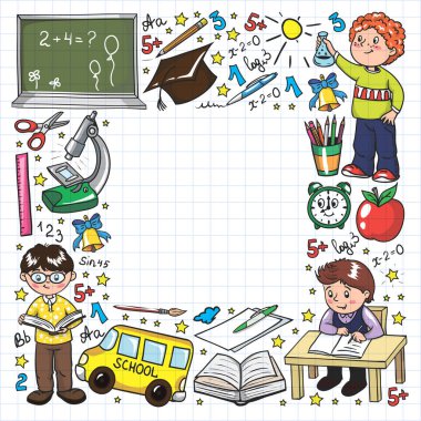 Küçük çocuklar ile vektör deseni. Okula geri dön. Coğrafya, geometri, matematik, fizik, kimya, astronomi