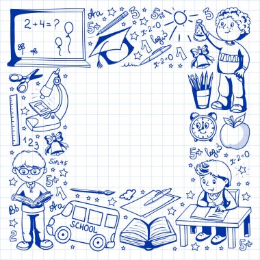 Küçük çocuklar ile vektör deseni. Okula geri dön. Coğrafya, geometri, matematik, fizik, kimya, astronomi