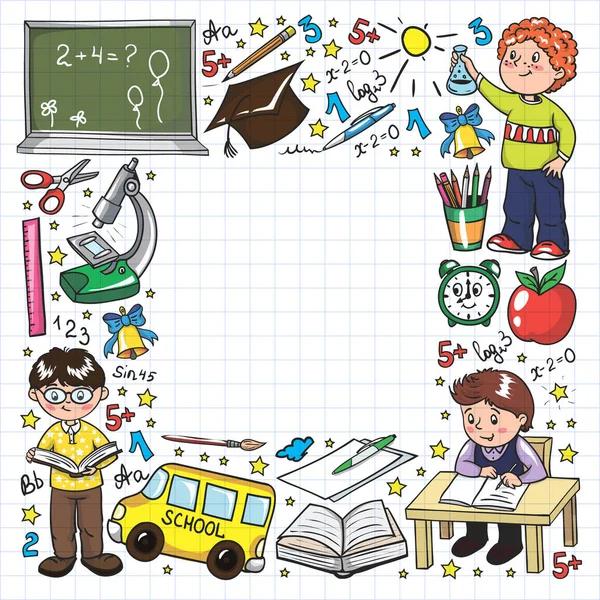 带小孩的矢量图案。回学校去地理、几何、数学、物理、化学、天文学 — 图库矢量图片