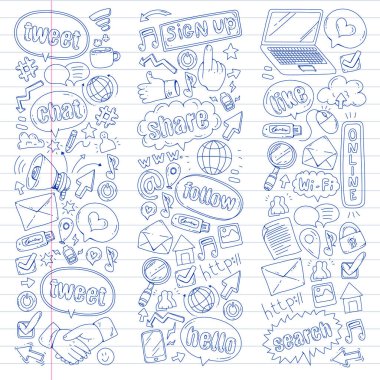 Sosyal medya, iş, yönetim vektör simgeleri. İnternet pazarlama, iletişim.