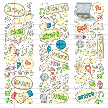 Sosyal medya, iş, yönetim vektör simgeleri. İnternet pazarlama, iletişim.