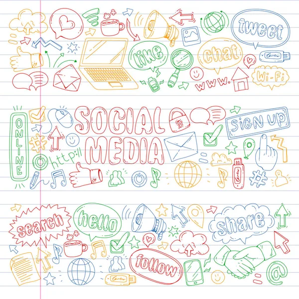 Sosyal medya, iş, yönetim vektör simgeleri. İnternet pazarlama, iletişim. — Stok Vektör