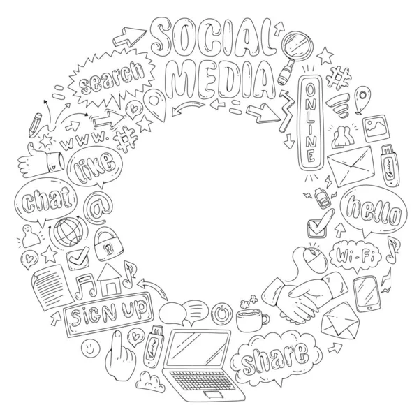 Redes sociales, negocios, vectores de gestión de iconos. Marketing en Internet, comunicaciones . — Vector de stock