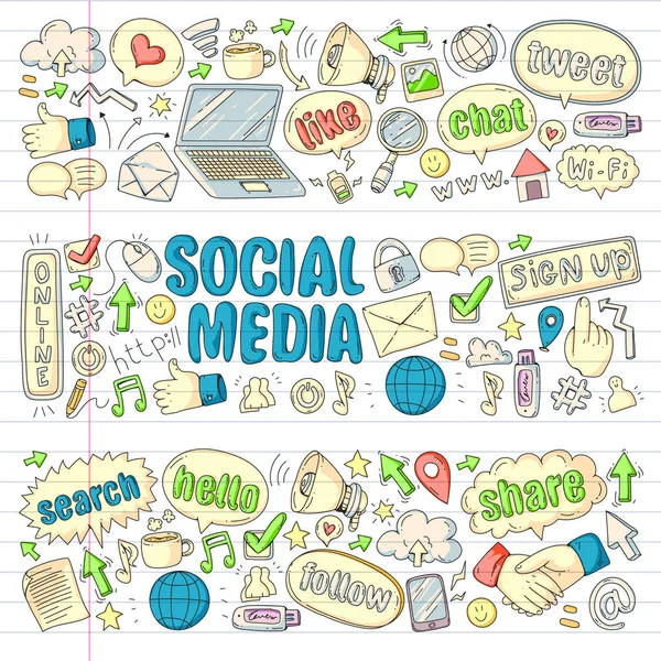 Social media, business, management vector icons. Internet marketing, communications. — Stock Vector