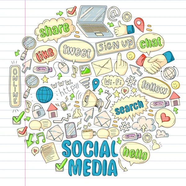 Social media, business, icone vettoriali di gestione. Internet marketing, comunicazioni . — Vettoriale Stock