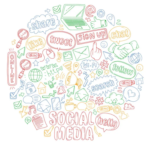 Redes sociales, negocios, vectores de gestión de iconos. Marketing en Internet, comunicaciones . — Vector de stock