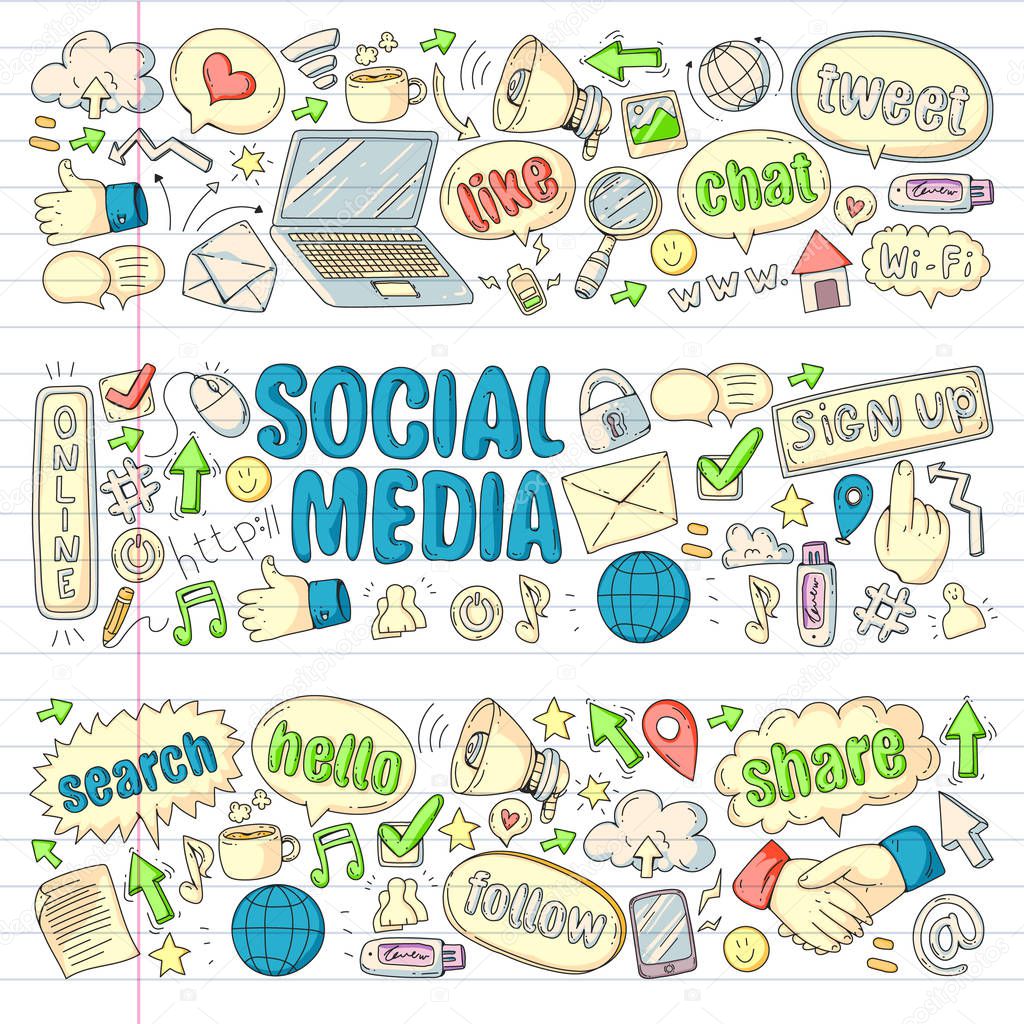 Social media, business, management vector icons. Internet marketing, communications.