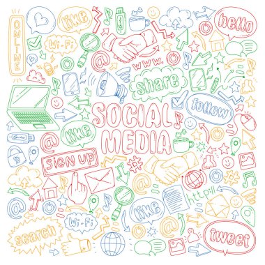 Sosyal medya, iş, yönetim vektör simgeleri. İnternet pazarlama, iletişim.