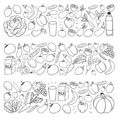 Sağlıklı gıda ile vektör deseni. Meyve ve sebzeler. Süt, süt ürünleri. Mağaza, alışveriş merkezi, menü, kafe, restoran için desen.