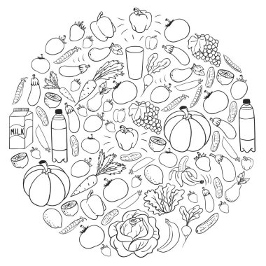 Sağlıklı gıda ile vektör deseni. Meyve ve sebzeler. Süt, süt ürünleri. Mağaza, alışveriş merkezi, menü, kafe, restoran için desen.