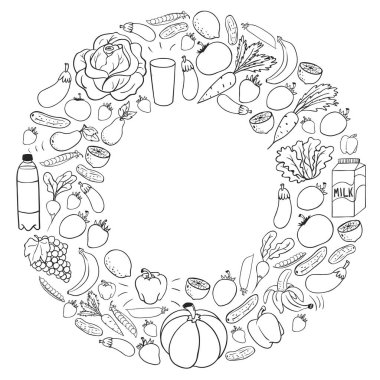 Sağlıklı gıda ile vektör deseni. Meyve ve sebzeler. Süt, süt ürünleri. Mağaza, alışveriş merkezi, menü, kafe, restoran için desen.