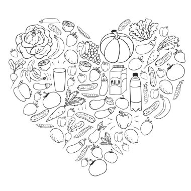 Sağlıklı gıda ile vektör deseni. Meyve ve sebzeler. Süt, süt ürünleri. Mağaza, alışveriş merkezi, menü, kafe, restoran için desen.