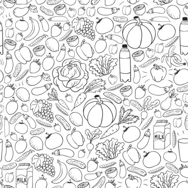 Sağlıklı gıda ile vektör deseni. Meyve ve sebzeler. Süt, süt ürünleri. Mağaza, alışveriş merkezi, menü, kafe, restoran için desen.