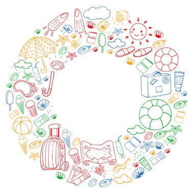 Vektör deseni. Yaz tatilleri. Seyahat ve maceralar. Plaj, okyanus, ada, güneş