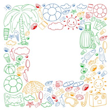 Vektör deseni. Yaz tatilleri. Seyahat ve maceralar. Plaj, okyanus, ada, güneş