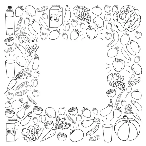 Vector pattern with healthy food. Fruits and vegetables. Milk, dairy products. Pattern for store, mall, menu, cafe, restaurants. — Stock Vector