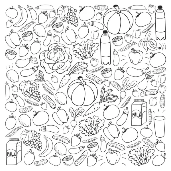 Vector pattern with healthy food. Fruits and vegetables. Milk, dairy products. Pattern for store, mall, menu, cafe, restaurants. — Stock Vector