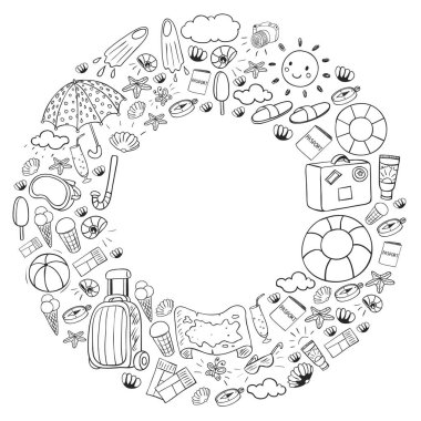 Vektör deseni. Yaz tatilleri. Seyahat ve maceralar. Plaj, okyanus, ada, güneş