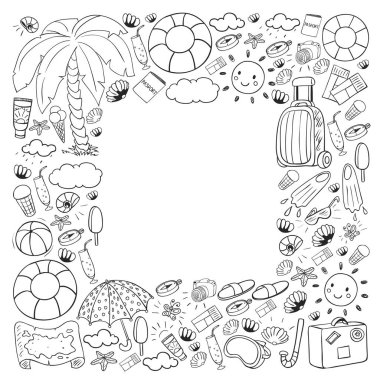 Vektör deseni. Yaz tatilleri. Seyahat ve maceralar. Plaj, okyanus, ada, güneş