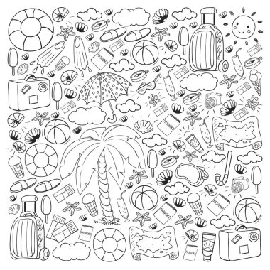 Vektör deseni. Yaz tatilleri. Seyahat ve maceralar. Plaj, okyanus, ada, güneş