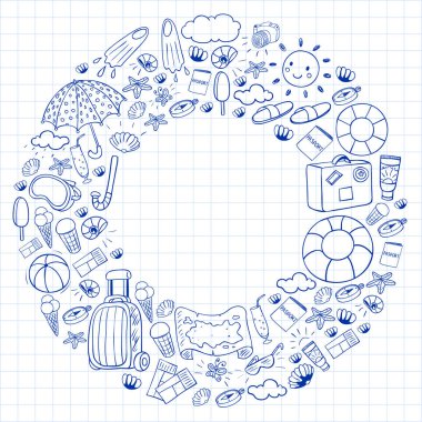 Vektör deseni. Yaz tatilleri. Seyahat ve maceralar. Plaj, okyanus, ada, güneş