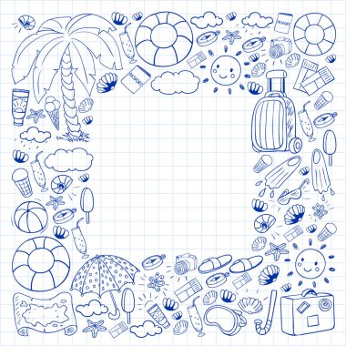 Vektör deseni. Yaz tatilleri. Seyahat ve maceralar. Plaj, okyanus, ada, güneş