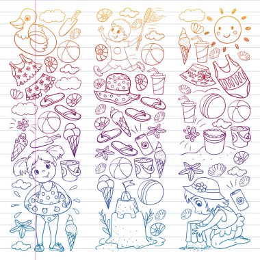 Küçük chilren ile vektör deseni. Aile yaz tatilleri. Plaj, okyanus, ada, güneş. Çocuklar oynar. Yüzme ve rahatlama.