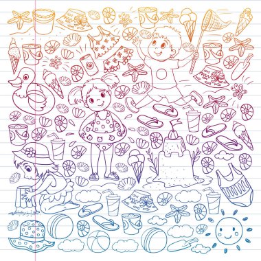 Küçük chilren ile vektör deseni. Aile yaz tatilleri. Plaj, okyanus, ada, güneş. Çocuklar oynar. Yüzme ve rahatlama.