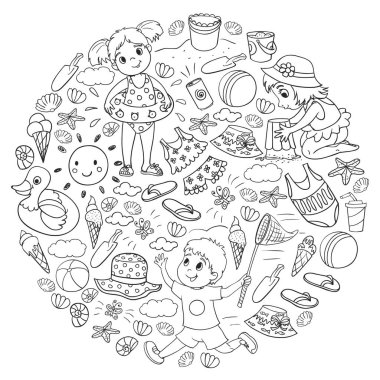 Küçük chilren ile vektör deseni. Aile yaz tatilleri. Plaj, okyanus, ada, güneş. Çocuklar oynar. Yüzme ve rahatlama.