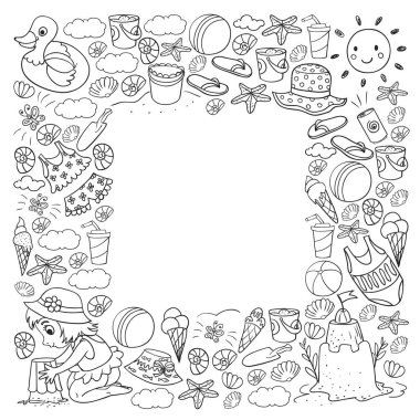 Küçük chilren ile vektör deseni. Aile yaz tatilleri. Plaj, okyanus, ada, güneş. Çocuklar oynar. Yüzme ve rahatlama.